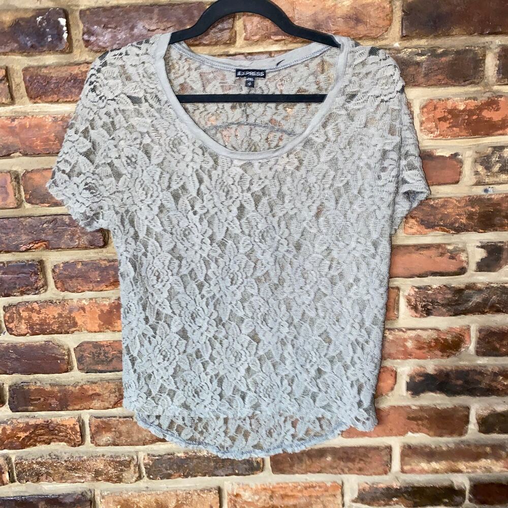 Express Olive Army Green Lace Short Sleeve Sheer Top Women's Size Small